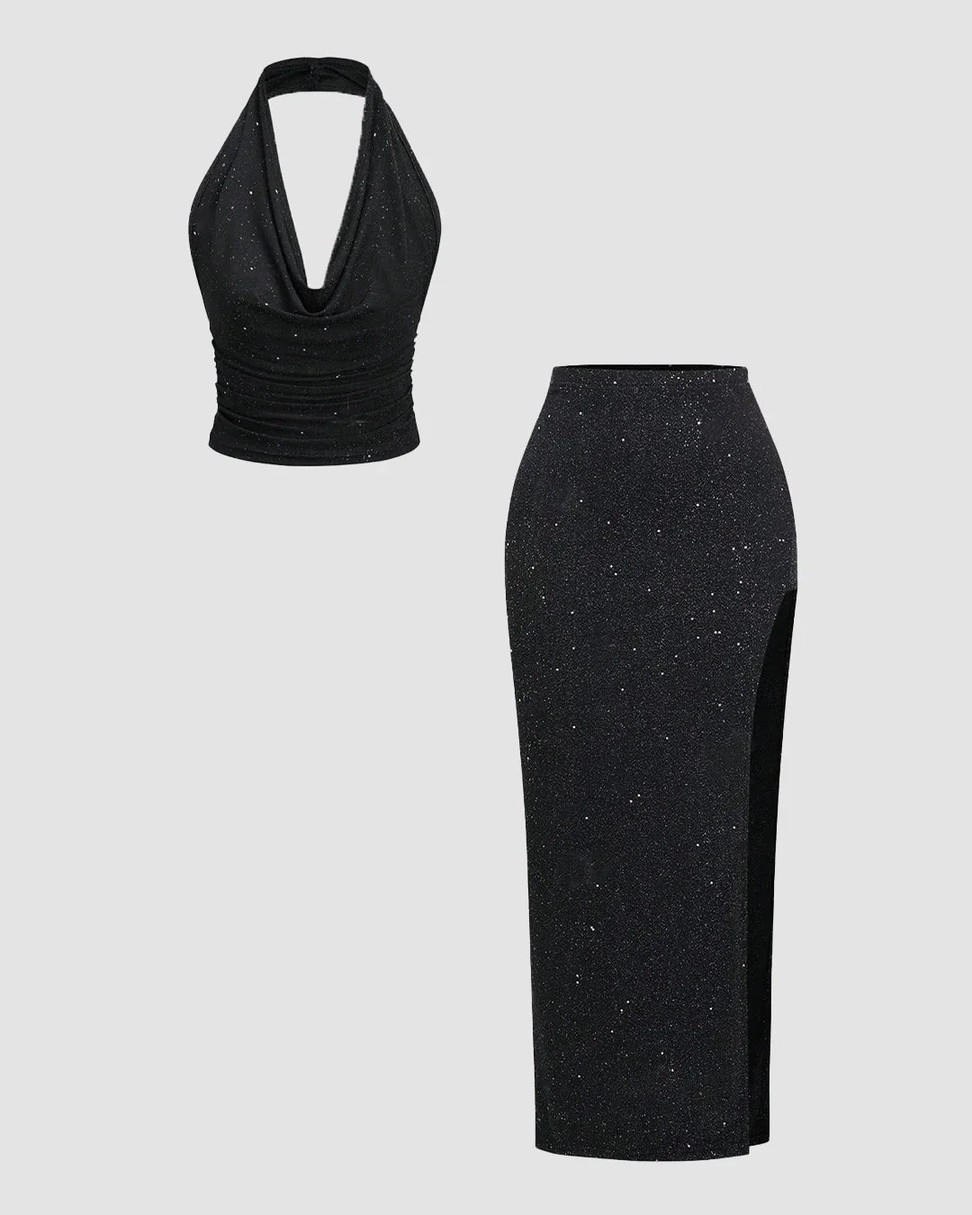 Black Glitter Halter-Neck Backless Top Set