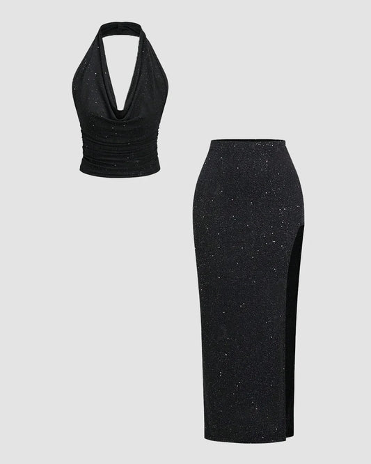 Black Glitter Halter-Neck Backless Top Set