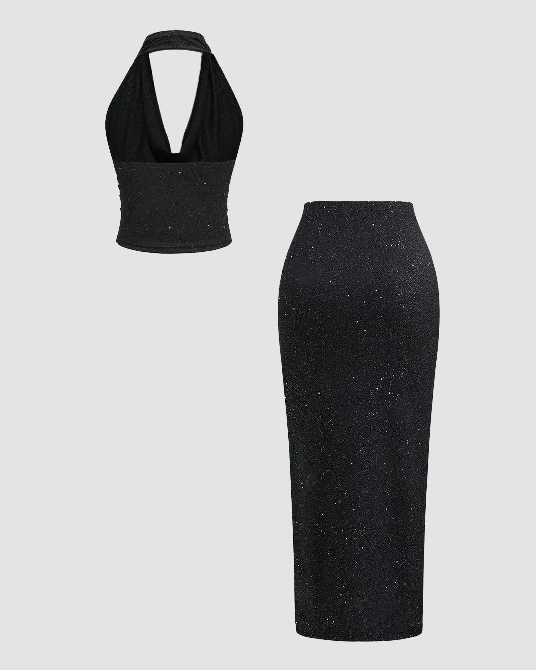 Black Glitter Halter-Neck Backless Top Set