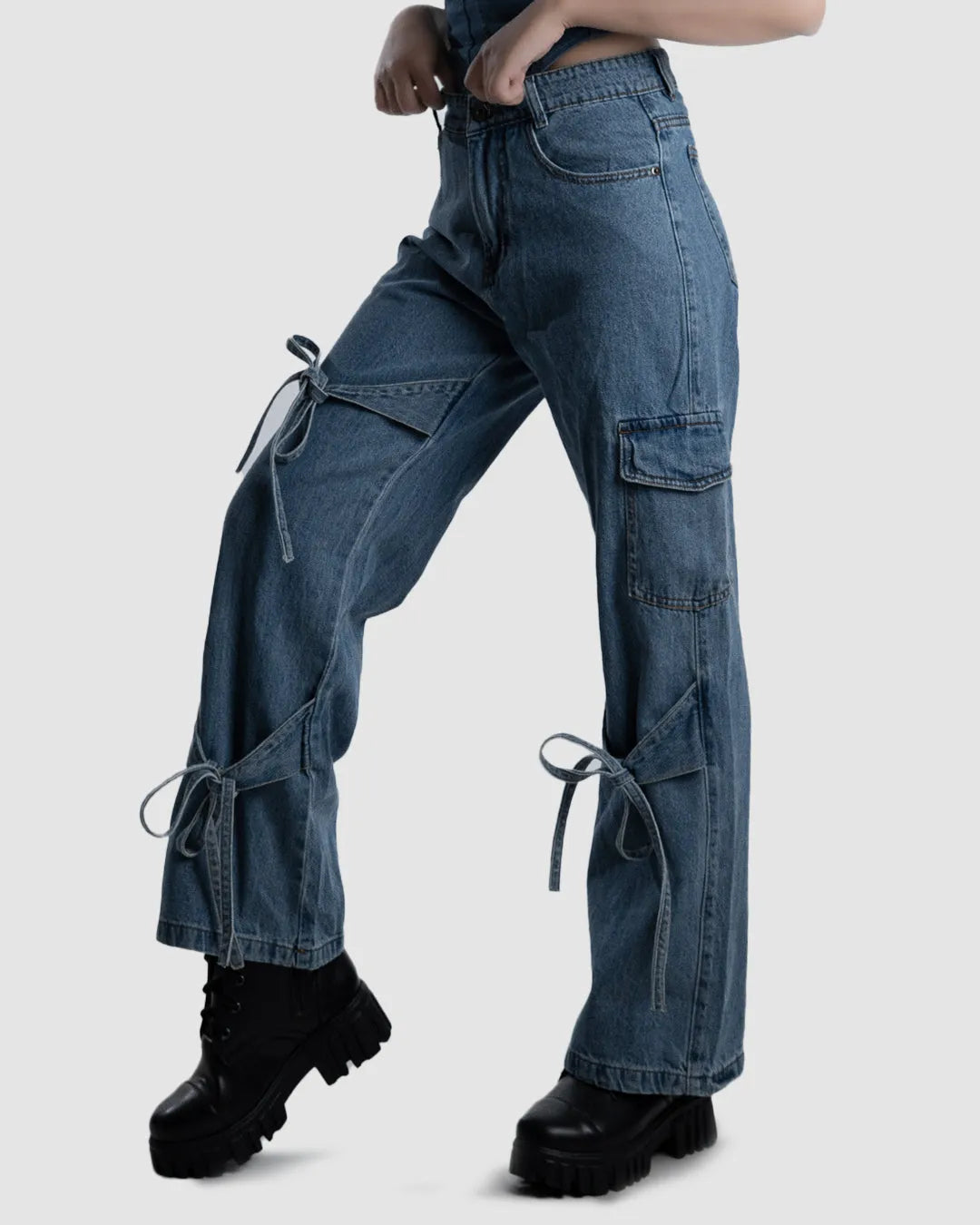 Blue High-Waist Bow-Detail Cargo Pants