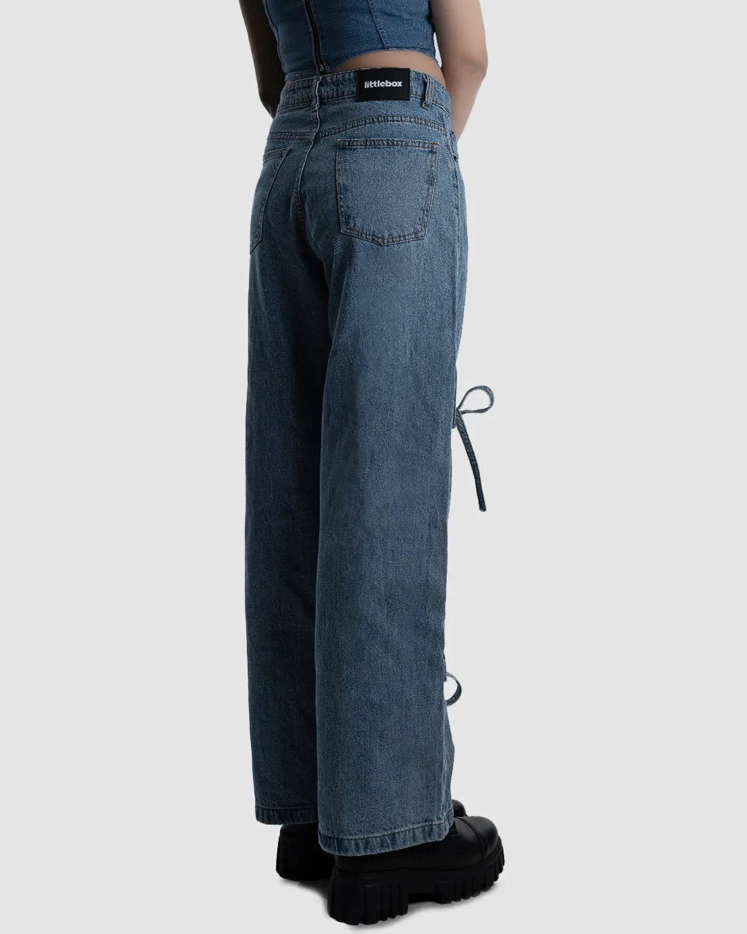 Blue High-Waist Bow-Detail Cargo Pants