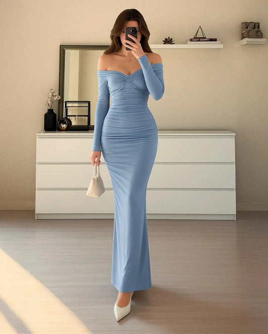 Dusty Blue Off-Shoulder Mesh Top