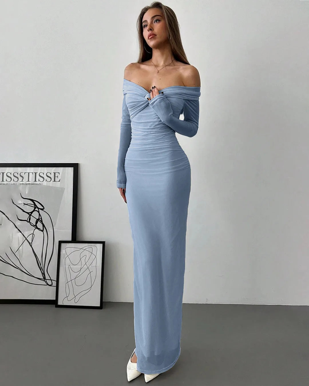 Dusty Blue Off-Shoulder Mesh Top