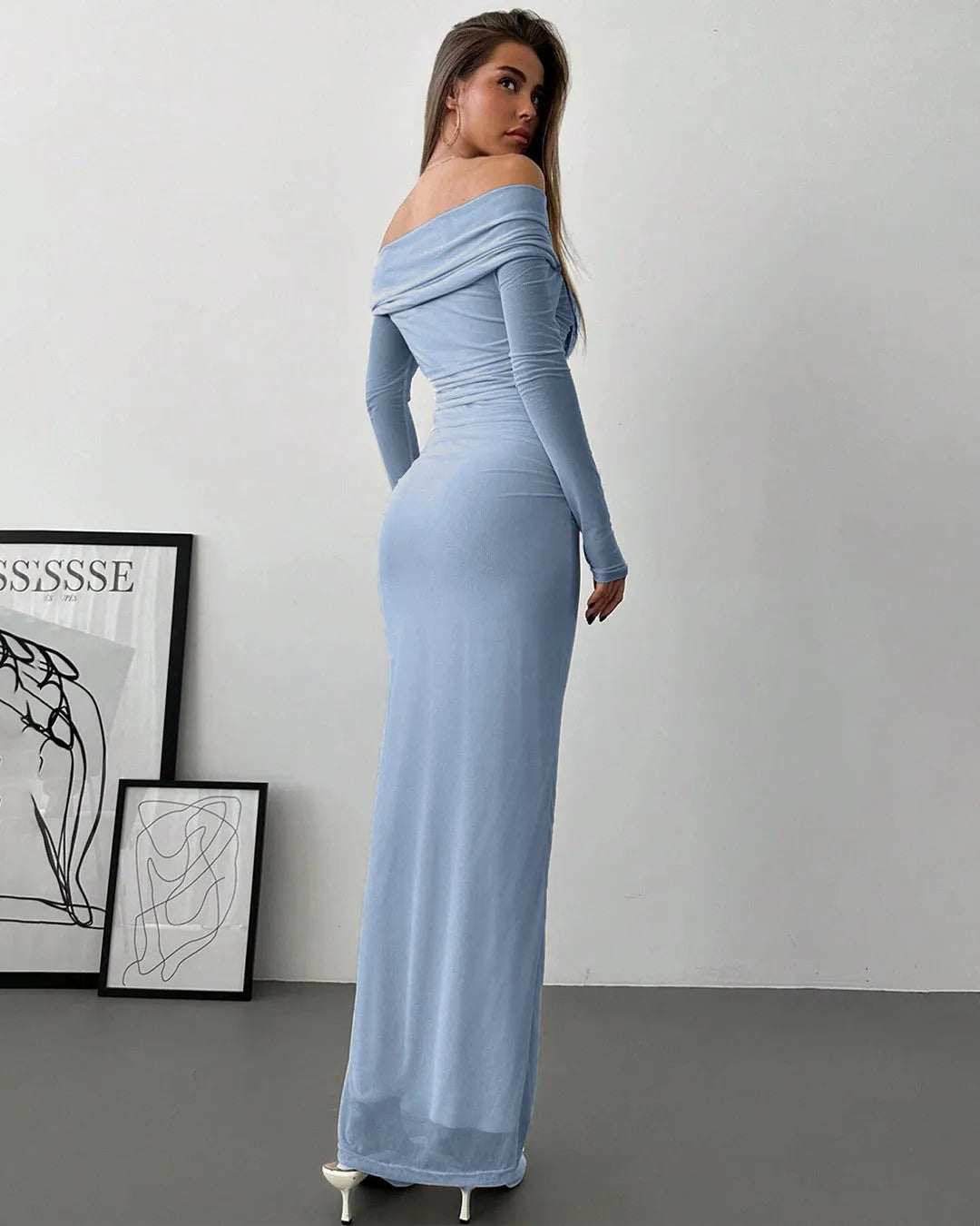 Dusty Blue Off-Shoulder Mesh Top